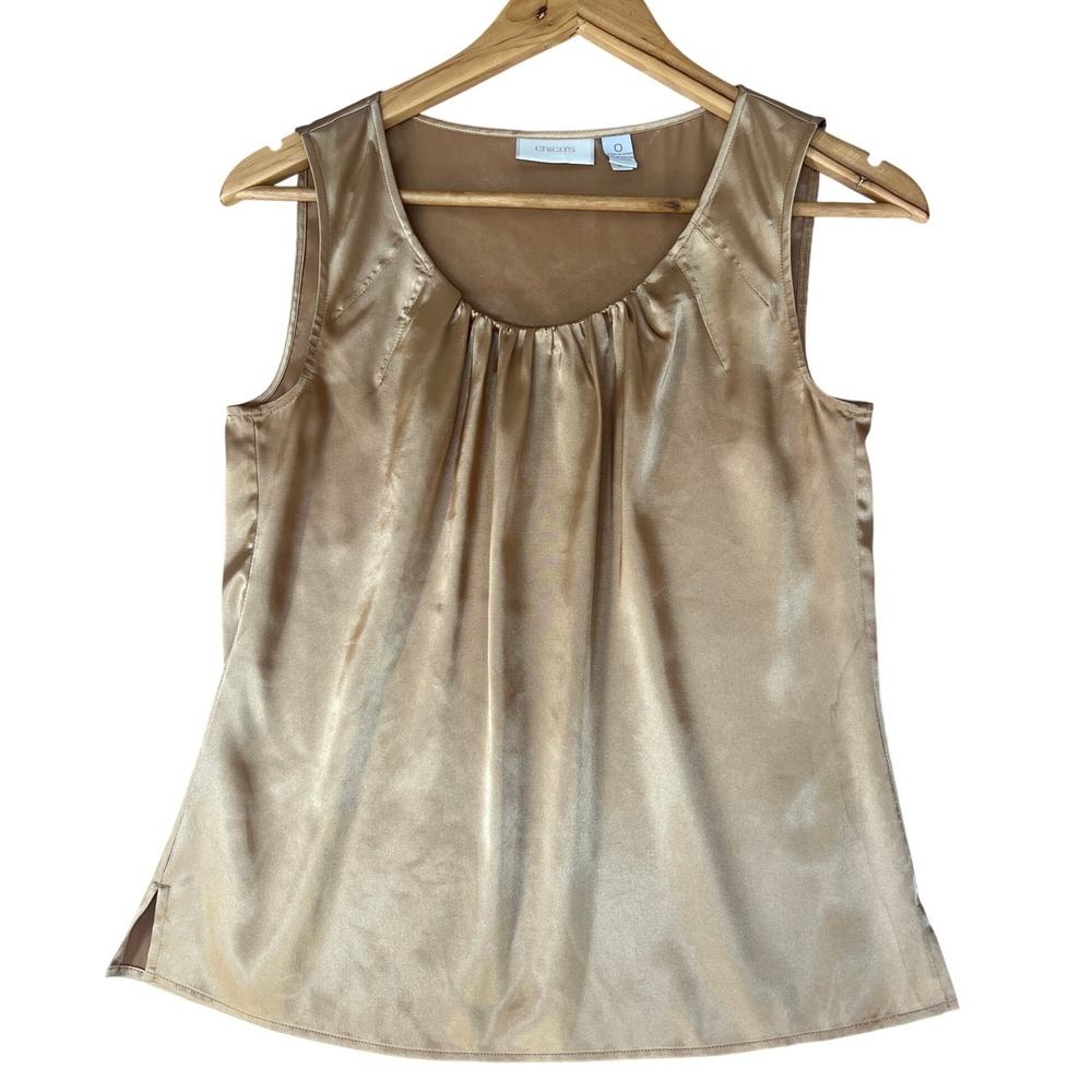 Chicos Gold Satin Sleeveless Blouse Gathered Neck Tank‎ Top Size 0 Small